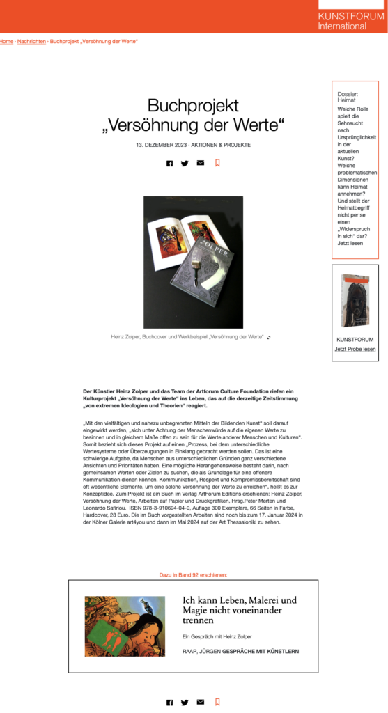 Zolper, Versöhnung der Werte, ArtForum Editions, Bericht in Kunstforum international 12.2023